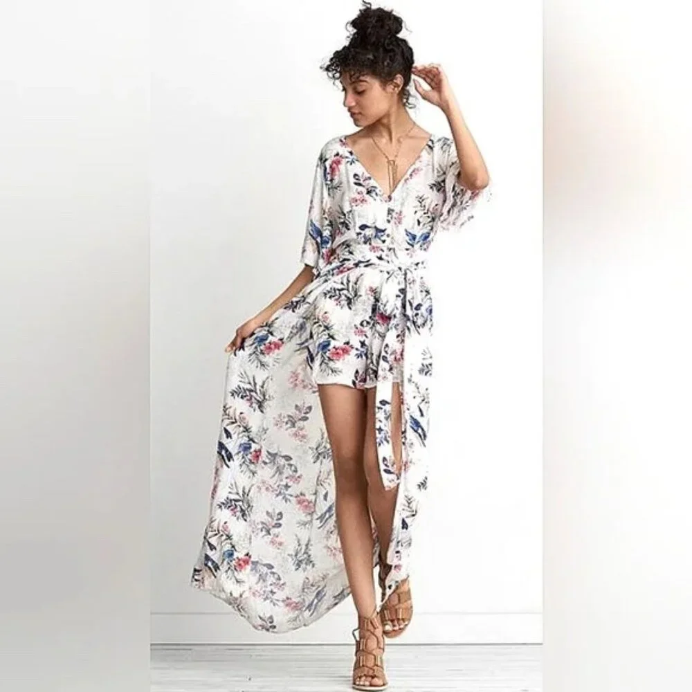 NWT American Eagle Floral Kimono Romper Dress Botanical Maxi Size 2 NEW - Picture 1 of 16